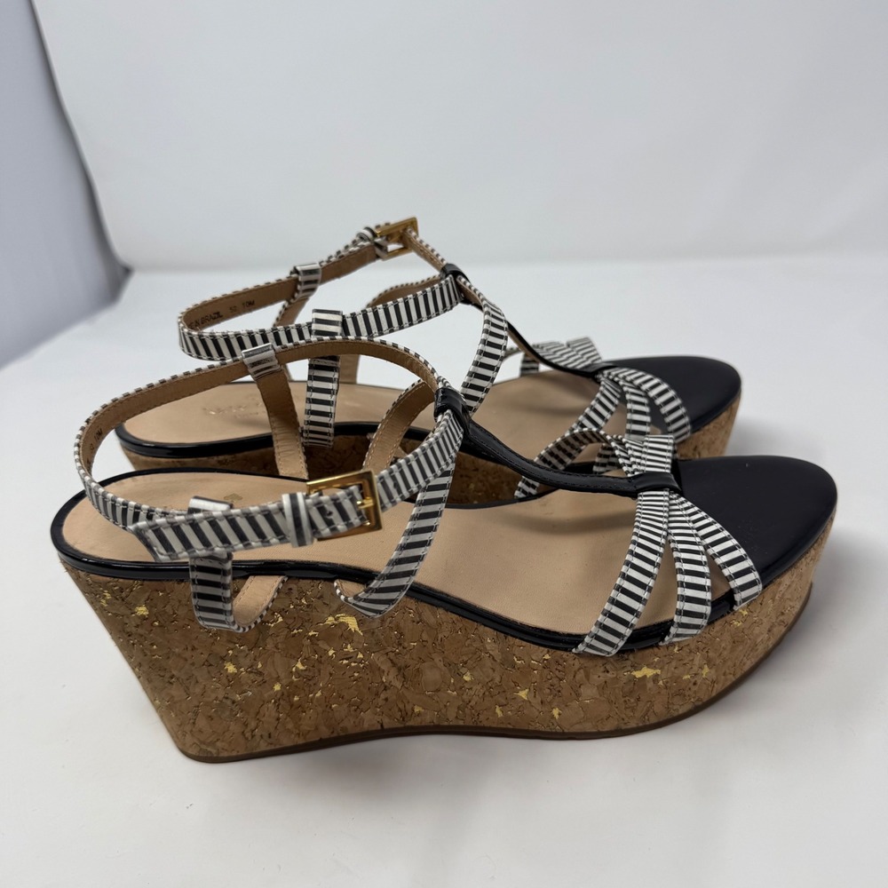 Kate Spade New York Striped Cork Gold Leaf Wedge Sandals Black White 10M Brazil